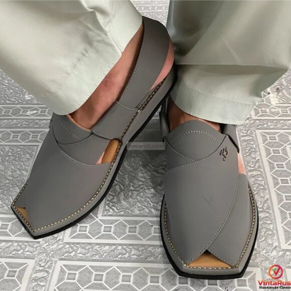 Grey Leather Kaptaan Chappal, Grey Suede Sandals For Gents, Handmade Premium main image 7
